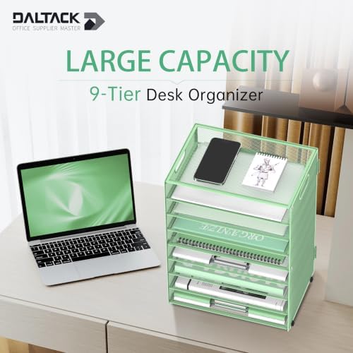 9-Tier Paper Organizer for Desk, Metal Letter Tray with Handles, Mint Green