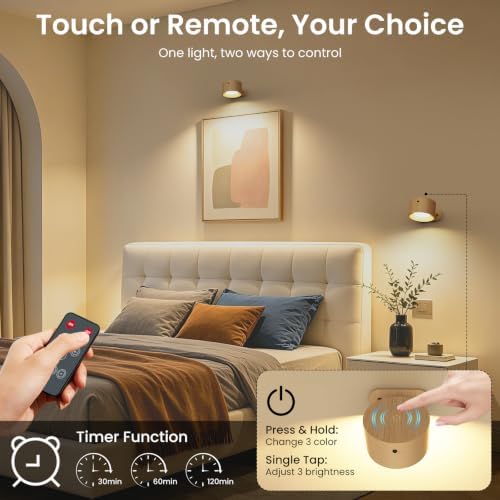 Koopala 3PACK Rechargeable LED Wall Sconce, Cordless Battery with Remote Powered Wall Sconce, 3 Brightness Levels, 360° Swivel Magnetic Shade for Reading Bedside, Wood Grain Color.