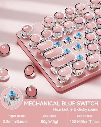 Wireless Typewriter Style Mechanical Keyboard with White Backlit, Pink