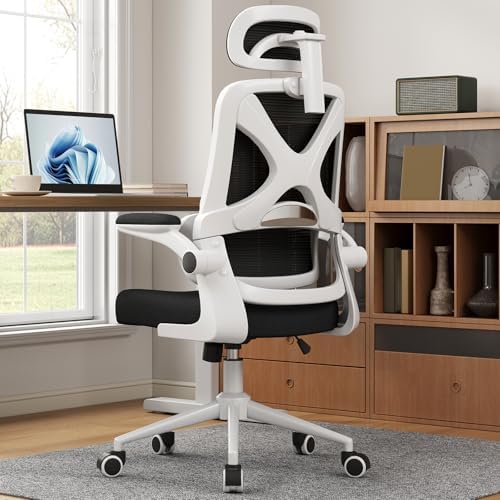 Ergonomic Office Chair - Desk Chair with Adjustable Headrest Lumbar Support Computer Chair - Mesh Comfy Chair with Flip-up Armrests - Gaming Chairs for Adults Home Office 330 LBS (White+Black)