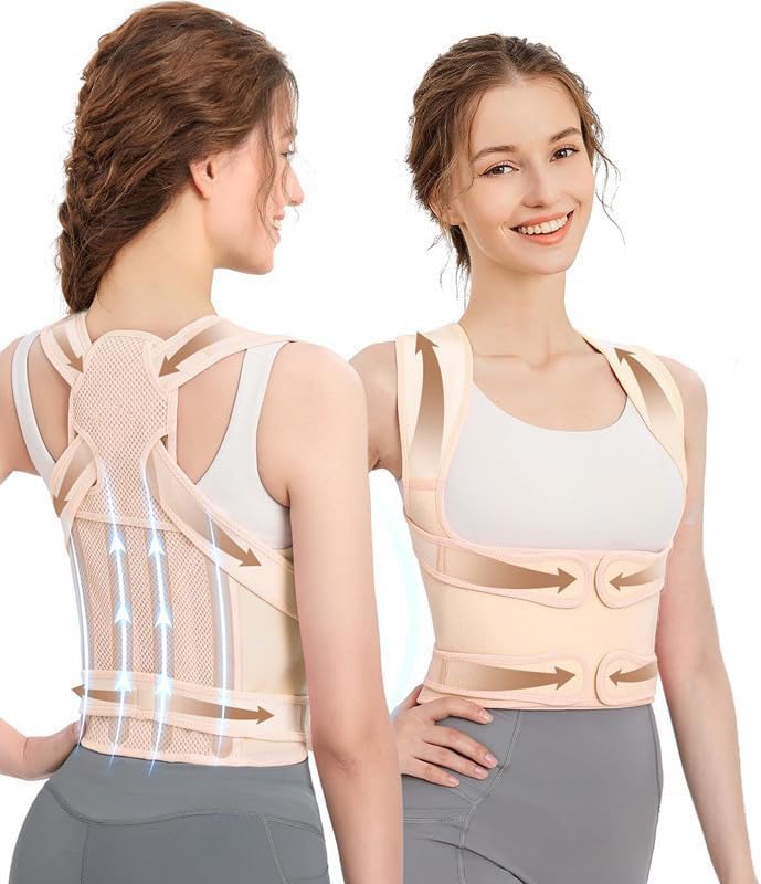 Back Brace Posture Corrector for Women and Men, Shoulder Straightener, Adjustable Full Back Support, Relief for Neck/Shoulder/Back Pain, Scoliosis & Hunchback Correction, Breathable Mesh Design (Beige, Small (Waist 25"-33"))