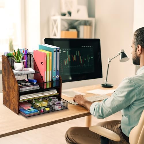 Homsorout Wooden Desk Organizer - Mesh File Organizer with Drawers and Pen Holder - 4-Tier Vertical Paper Letter Storage Tray, Desktop Organizers and Accessories for Home Office