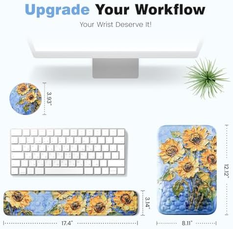 Ospelelf 3 in1 Ergonomic Wrist Rest Pad for Computer Keyboard and Mouse, Large Mouse Pad Set with Support for Office, Sunflower