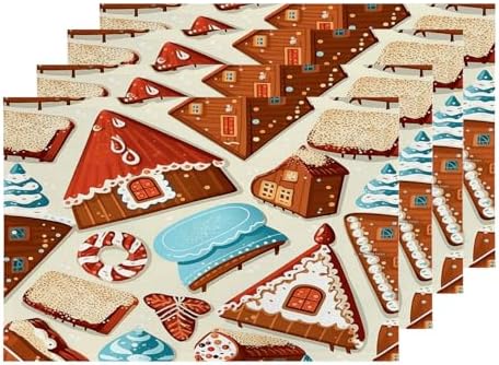 Shrahala Christmas Gingerbread Houses Set Of 4 12 X 18 Inch Linen Placemats , Christmas Dessert Candy Tree Burlap Table Mat Washable Double Layered Heat Insulation For Indoor/Outdoor