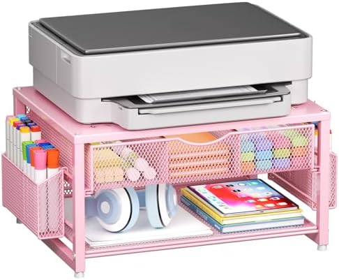 Marbrasse Metal Printer Stand for Desk with Storage Drawer and 2 Pen Holders, 2-Tier Desktop Organizer Printer Table for Home Office, Multi-Purpose Desk Organizer for Fax Machine Scanner Files(Pink)