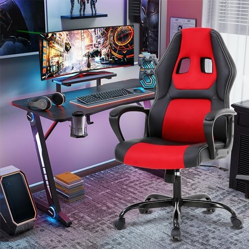 Red Massage Gaming Chair for Kids, Ergonomic Office Chair Computer Chair with Adjustable High Back & Armrest, PU Leather Gamer Chair with 360°Swivel, Heavy Duty Gaming Chairs for Adults, Teens