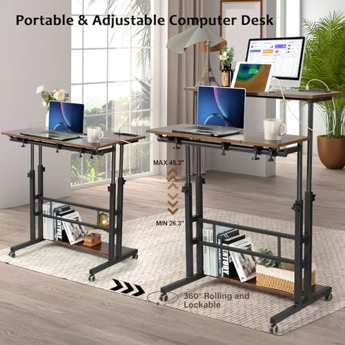 Hadulcet Mobile Standing Desk Adjustable Height, Rolling Desk Stand Up Desk, Mobile Laptop Desk, Rolling Computer Desk with Charging Station, Portable Desk with Wheels, Rustic Brown