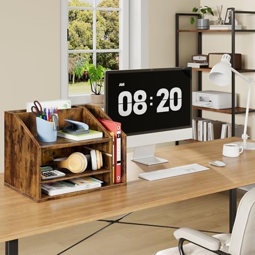 CHOEZON Wooden Desk Organizer with Adjustable Partitions, Rustic Brown