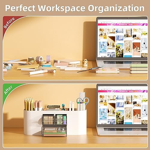 Marbrasse Desk Organizer Pen Holder for Desk with 3 Drawers, Multi-Functional Pencil Holder, Desk Organizers and Accessories with 7 Compartments for Home, School, Classroom(White)