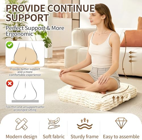 Floor Cushions, Corduroy Floor Pillow, Floors Pillows for Adults & Pets, Large Floors Pouf, Square Floored Pillows for Sitting & Yoga(2PC, Beige White，22"×22"×5.9")