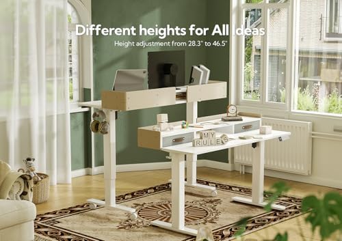 Claiks Standing Desk with Drawers & Wheels, 2 Height Shelf 59inch White