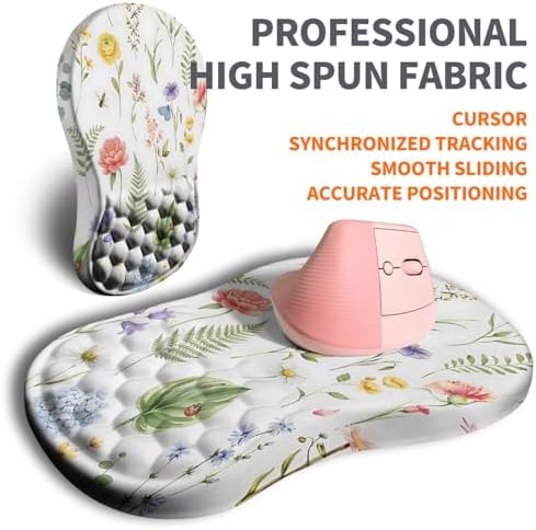Ergonomic Joint Wrist Support Mouse Pad with Memory Foam Cushion Massage Bump, Carpal Tunnel Pain Relief Mousepad Slope Design for Wrist Rest, 11.8x7.9 in, Bee Butterfly Flower