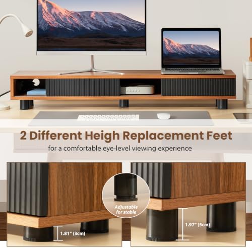 Artswish Dual Monitor Stand with Power Outlet, 42" Walnut Monitor Riser