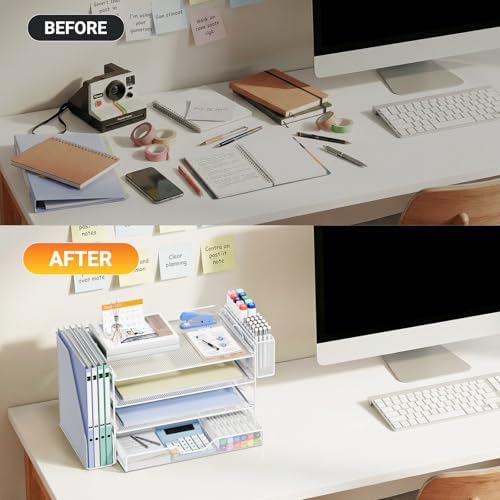 4-Tier Desk File Organizer with Drawer & Pen Holder (White)