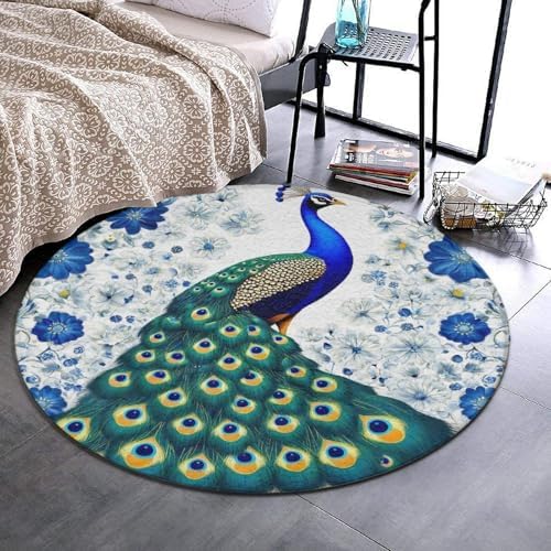 Fashion Round Area Rug Large Non Slip Carpet, Vintage Botanical Peacock Unisex Home Decor Mat