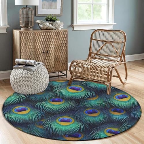 Large Machine Washable Circular Rugs, Home Decor Round Mat for Living Room Sofa Office Peacock Feathers
