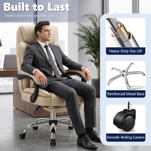 Ergonomic Executive Office Chair PU Leather High Back, 400lbs Heavy Duty Reclining Desk Chair with Footrest, Adjustable Lumbar Support, Padded Armrests, Wide Seat, Khaki