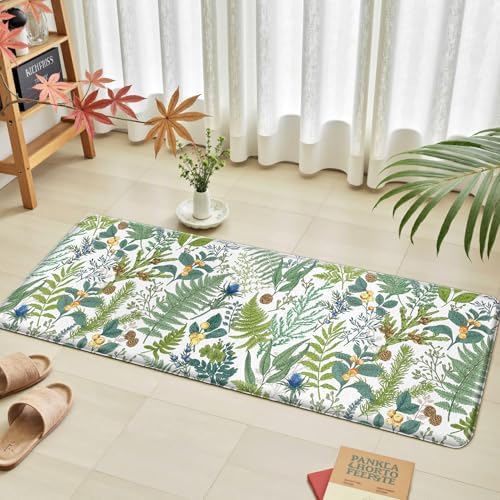 2PC Botanical Kitchen Rugs Set, White Green, 17.3"x28" + 17.3"x47"