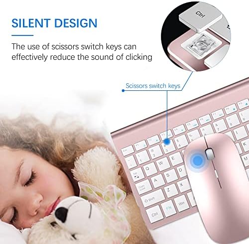Wireless Keyboard and Mouse Ultra Slim Combo, TopMate - Rose Gold White