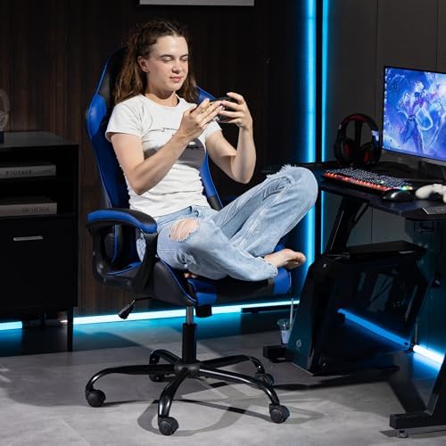 Massage Gaming Chair, Ergonomic PC Desk Chair with Headrest and Massage Lumbar Support, Video Game Chair w/Height Adjustable High Back for Home Office, Blue