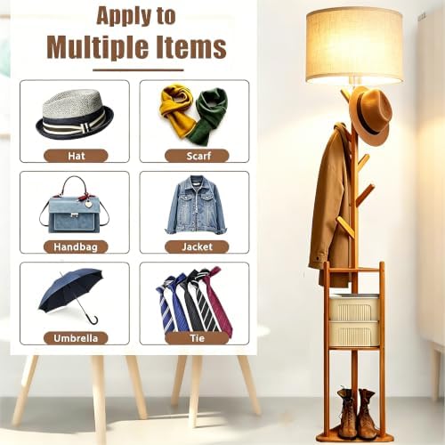 Coat Rack Standing Lamp Floor Lamp with Shelves, Modern Tall Lamp with 5 Hooks Clothes Rack, 3 Color Dimmable Floor Lamps for Bedroom, Living Room, Entryway, Corner
