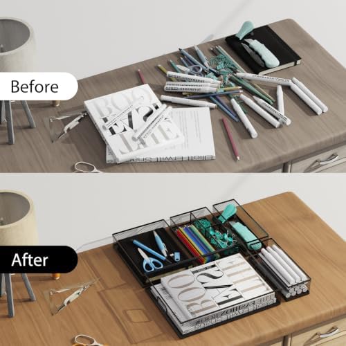5 Pack Desk Drawer Organizers, Metal Mesh Office Desk Drawer Organizer Tray, Paper Organizer Letter Tray for Desk Accessories, Pen Pencil Holder for Office, Home, School, Classroom