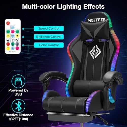 HOFFREE LED Gaming Chair with Massage RGB Lights Computer Game Chair-Grey