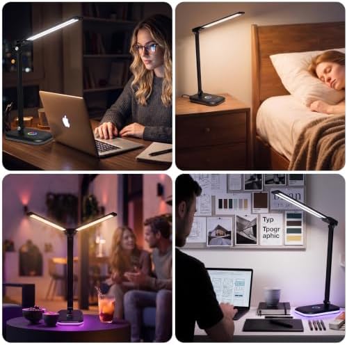 LED Desk Lamp with RGB Ambient Light, Dual Head Dimmable Desk Lamp with 5 Color Modes, USB-C Modern Table Lamp for Home Office, Bedroom & Desk Setup