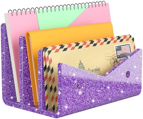 Mail Organizer Envelope Holder - 3 Compartments Glitter Purple Acrylic Mail Holder Countertop Vertical Desk Organizer Small File Bill Document Notebook Letter Sorter for Home School Office