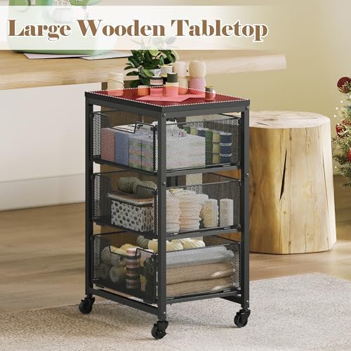 Under Desk Storage Cart with Lockable Wheels, 3-Drawer Rolling Storage Cart, Metal Utility Cart with Drawers for Art, Cart, Classroom, Office, Kitchen, Bedroom, Dorm Storage Under Bed