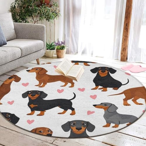 Large Machine Washable Circular Rugs, Home Decor Round Mat for Living Room Sofa Office Cute Dachshund Wiener Dog