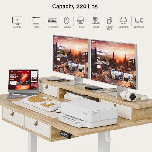 Grandder Electric Standing Desk with Four Drawers, Sit to Stand Up Height Adjustable Desk with Storage Shelf for Home Office, 47 * 28 Inch, Study, Ergonomic Adjustable Computer Desk, Oak