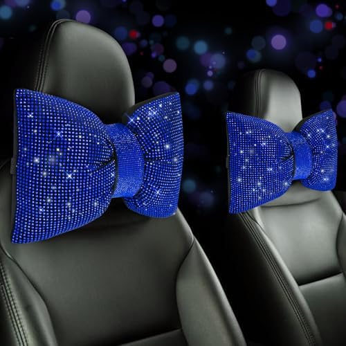2 PCS Bling Car Pillows,Rhinestones Bowknot Car Headrest Pillow,Blue