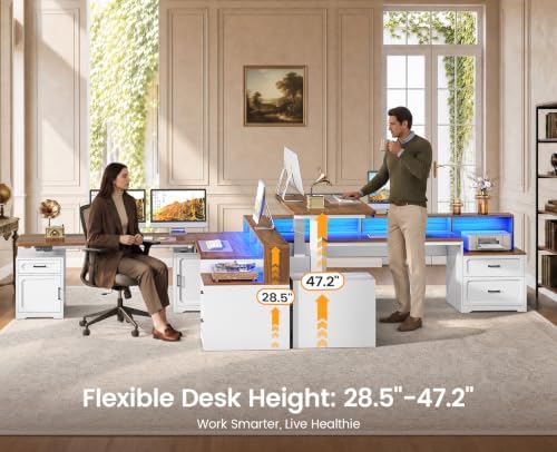SEDETA Farmhouse L Shaped Standing Electric Desk with Storage, White