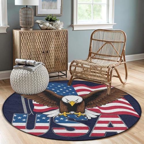Soft Round Yoga Carpet, Large Home Decor Mat, Non Slip Machine Washable Kitchen Office Circle Rug Patriotic American Eagle Flag
