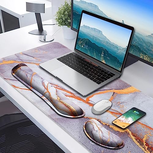 Gimars 4 in 1 Mouse Pad and Keyboard Wrist Rest Set, Large Mouse Pad with Memory Foam Wrist Support Pad for Desk with Coaster, Easy Typing Pain Relief, Gaming Office Home, 31.5x12 inch, Gray Golden