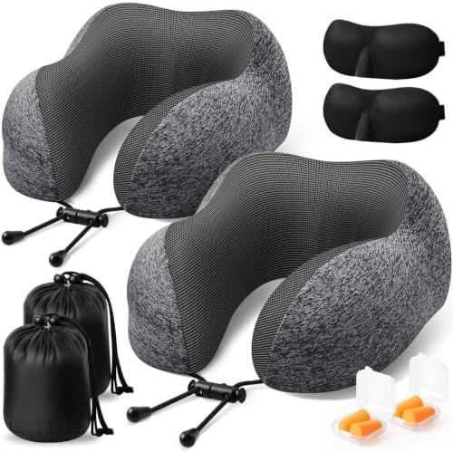 ExploreBliss Travel Pillow, Memory Foam Neck Pillow Airplane, Grey*2