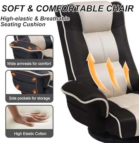 Ergonomic Gaming Chair, 6-Position Reclining Sofa Bed with Lumbar Support, Foldable Floor Lounger with Thick Cushion, Armrests & Side Pockets for Reading, Brown/Beige
