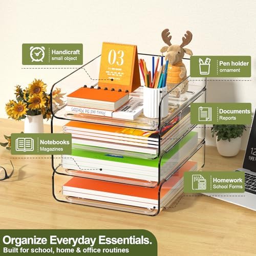 FANXIYQ 4-Tier Acrylic Paper Tray Organizer, Clear Stackable Desk File Organizer for Documents, Files, Letters, A4 Paper, Books, Notes, Mail & Paper Storage, Office Classroom Home