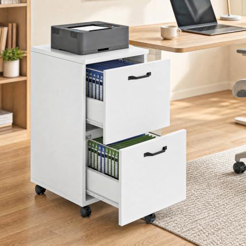 DUMOS 2 Drawer Rolling File Cabinet, Small Wood Filing Cabinet, White