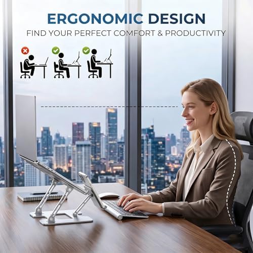 Adjustable Laptop Stand with Phone Holder, Ergonomic Alloy Steel Laptop Riser, Portable & Foldable Computer Stand for Desk, Compatible with MacBook Pro/Air All 10-18" Laptops (Silver)