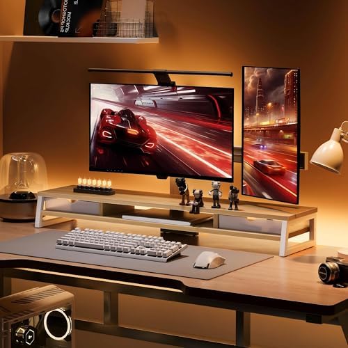 Fenge Dual Monitor Stand Riser, 42.5in Desk Shelf with 2 Drawers, Oak