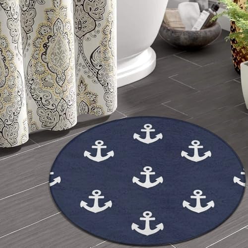Room Sofa Yoga Soft Round Carpet, Home Decor Non Slip Kitchen Office Circle Rug, Machine Washable Modern Round Area Rug Nautical Anchor Navy