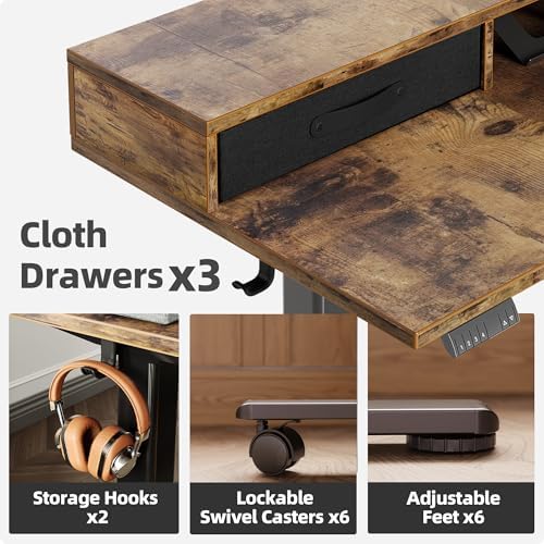 Claiks Dual Motor L Shaped Standing Desk with Drawers, 63inch, Rustic Brown
