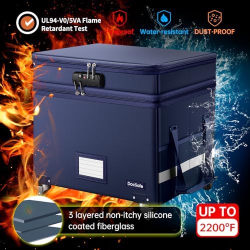 DocSafe File Box with Lock, 2-Layer Fireproof Document Box with Wheels,Collapsible File Storage Organizer with Pockets,Large Portable Office Filing Cabinet Hanging Folders,Blue,16''x13.8''x12.2''