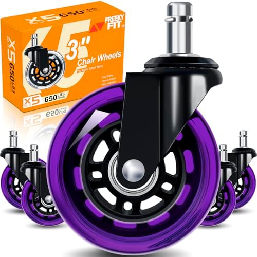 Office Chair Wheels for Casters Replacement - 3" Rubber Wheels for Computer Gaming Desk Caster Smooth & Safe Rolling for All Floors Including Hardwood and Carpet - Set of 5 - Purple