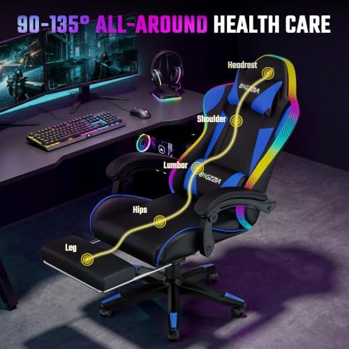Bigzzia LED Gaming Chair with Footrest, Lumbar Massage for Adult/Kid（Blue）