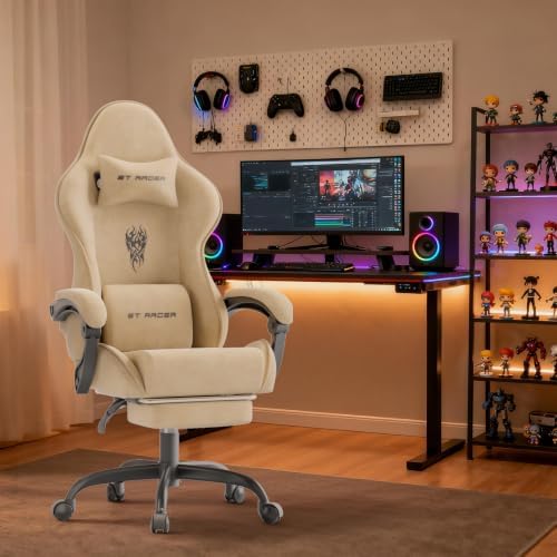 Ferghana Ergonomic Velvet Fabric Gaming Chair with Embroidery Fire, Massage Lumbar Support & Retractable Footrest, Reclining Racing Computer Office Desk Chair for Adults, Beige