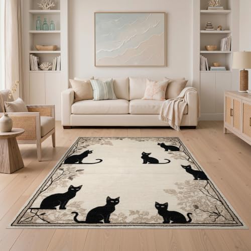 5'x7' Black Cat Taupe Design with Motifs Washable Area Rug
