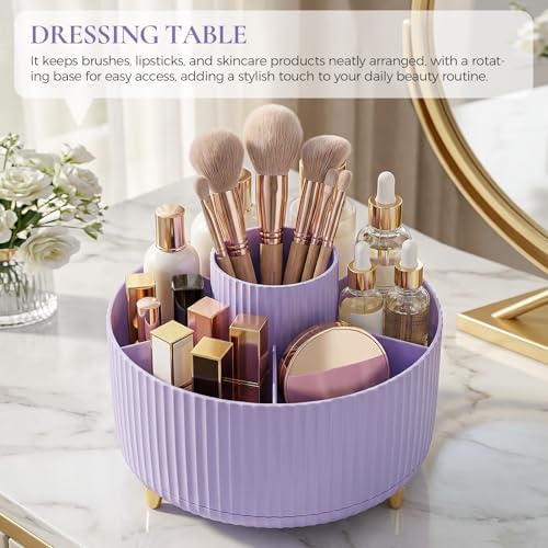 KONVINIT Pencil Pen Holder for Desk, 5 Slots 360-Degree Rotating Desktop Organizer, Cute Desk Organizers and Accessories for School, Home, Office and Art Supply, Purple